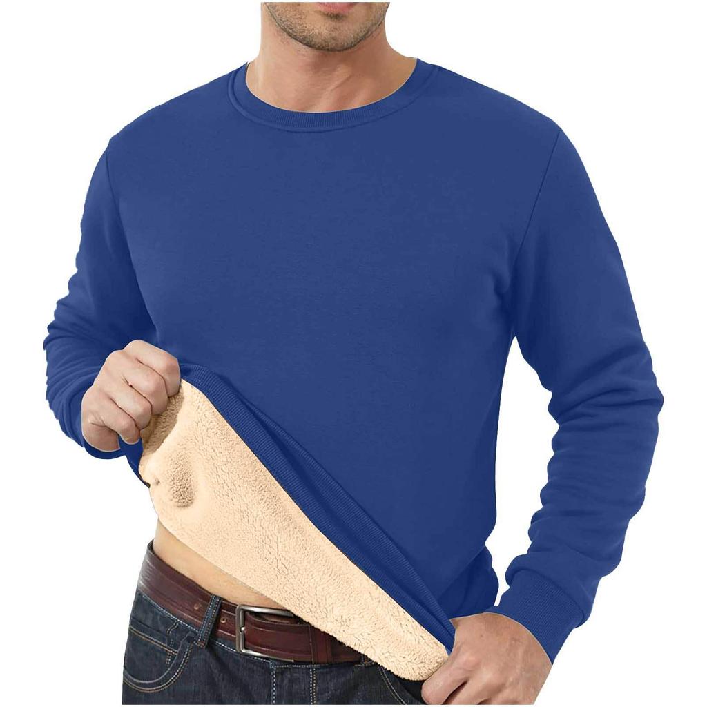 Men's Fleece-Lined Crew Neck Sweatshirt - Loose Fit, Solid Color, Warm Autumn/Winter Wear.