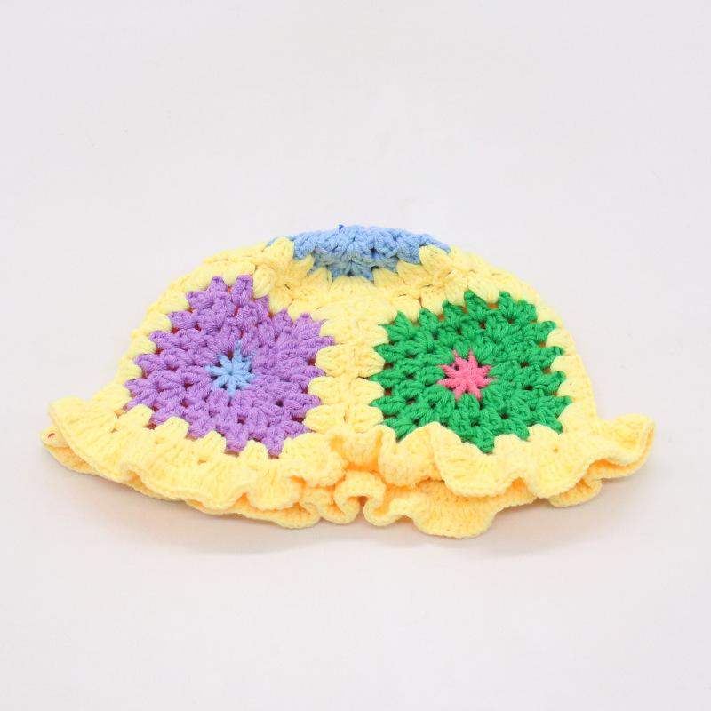 Ins Hyunya Style Hand-Woven Colored Flower Pot Hat Retro Breathable Bag Head Bucket Hat Knitted Hat