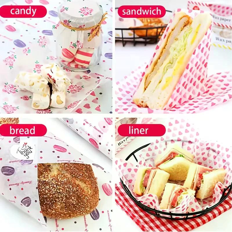 50 szt. Papier woskowany do pieczenia klasy spożywczej Papierowe kwadraty ze wzorem truskawkowym i kwiatowym Nieprzywierający papier do zawijania ciast, burgerów, frytek