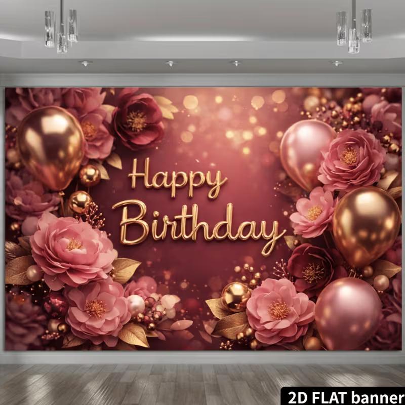 2D Floral Rose Gold Happy Birthday Backdrop Banner for Birthday Party Photography Decoration