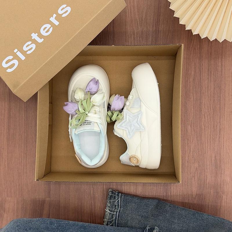 Cute Big Head Flat Shoes Women's Casual Round Toe Thick Bottom Heightening White Sneakers Breathable Comfortable All-Match
