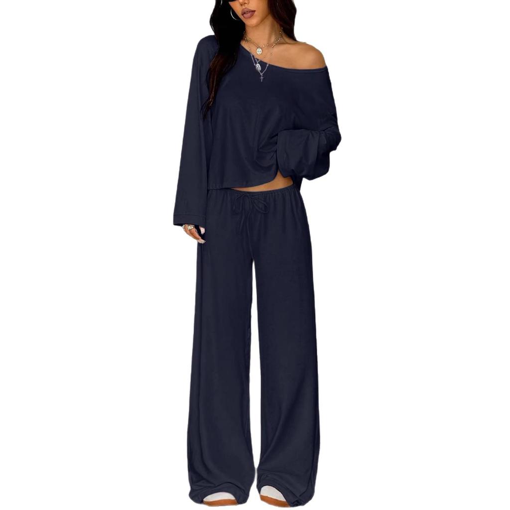 European & American Women's Solid Color Long Sleeve Top & Wide Leg Pants Two-Piece Casual Set - Spring Lazy Style