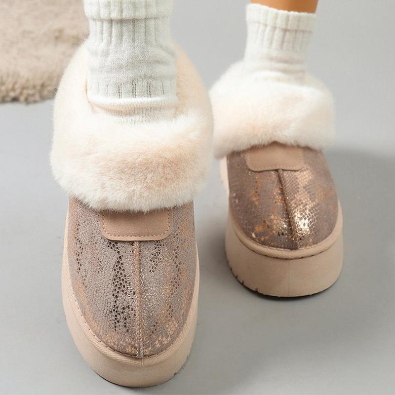 Fashion Chic Beige Shiny Snow Boots for Women 2025 Winter Korean Short Plush Warm Boots Woman Round Toe Thick Bottom Booties Female