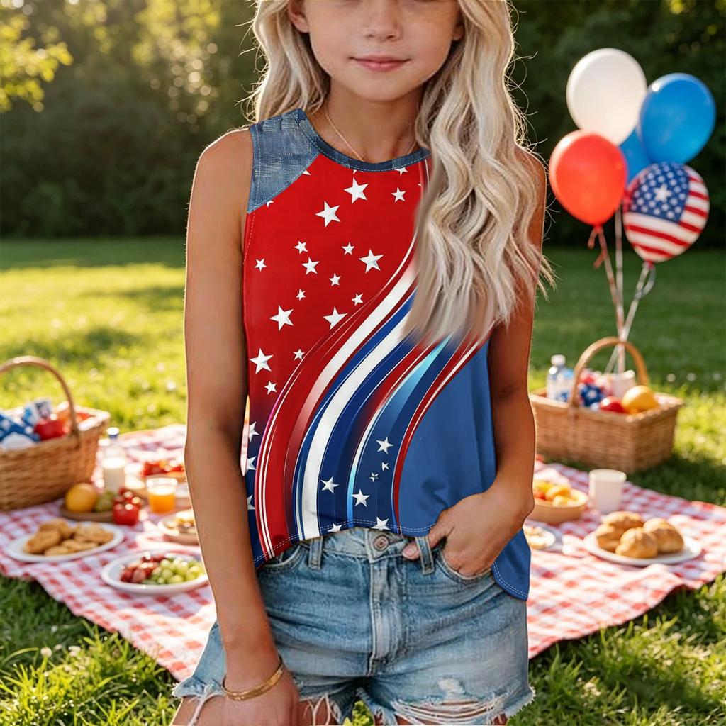 Sleeveless Loose Fit Tank Top for Women Round Neck Denim Print Star Pattern Casual Summer Shirt