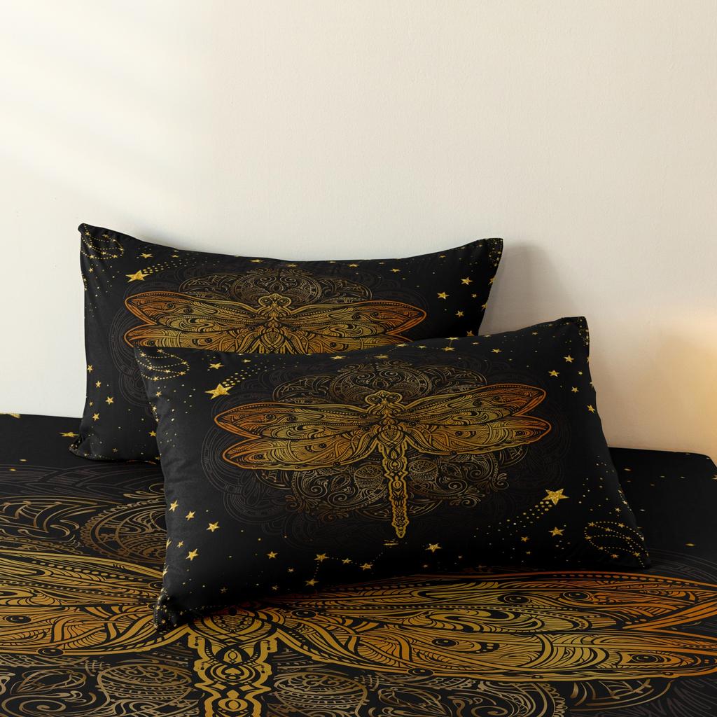 3 Pieces Luxury Gold Mandala Dragonfly Starry Sky Print Duvet Cover Set, Dark Black Ornate Dragonfly Golden Star Pattern Bedding