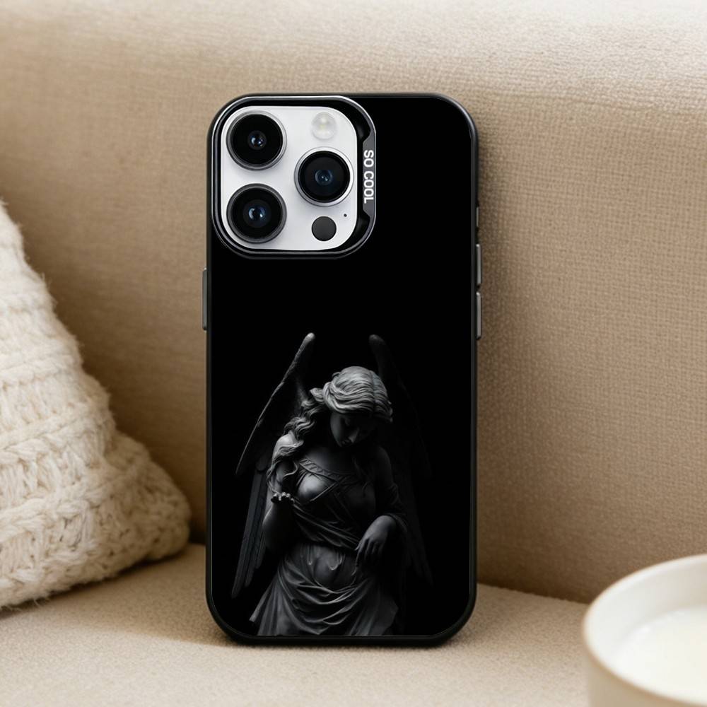 Angel Sculpture Phone Case For iPhone17, 16,15,14,13,12 Pro Max Black Candy Matte Shockproof Cover