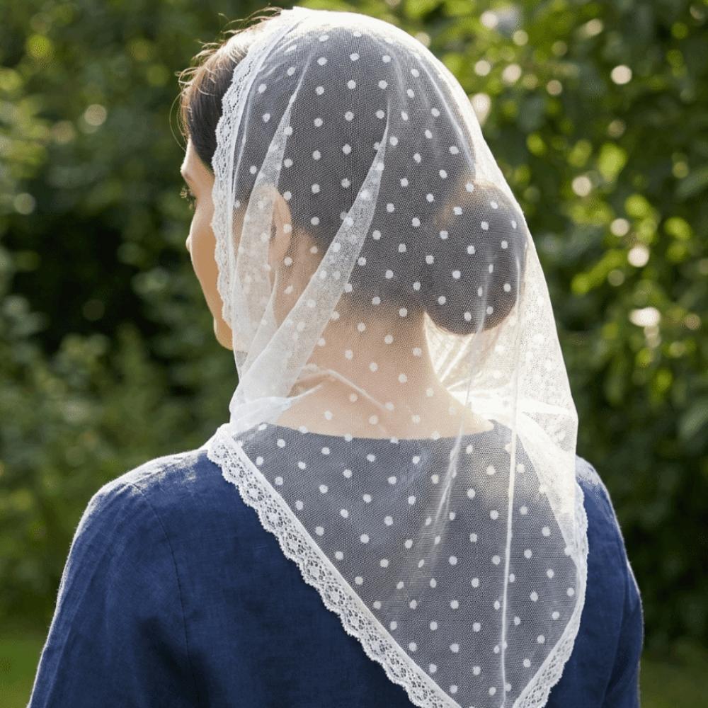 Polka Dot Triangular Scarf Thin Bridal Face Covering Permanent Lace Headscarf  Prayer Use