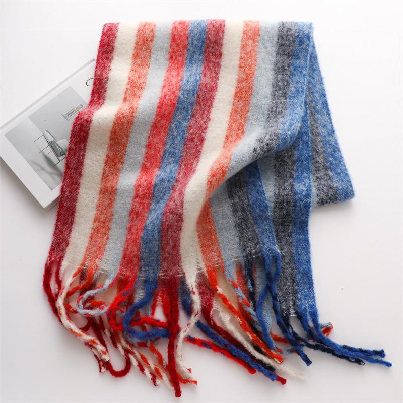 New rainbow striped imitation cashmere scarf, versatile in autumn and winter atmosphere, sweet and cute scarf, thickened and warm