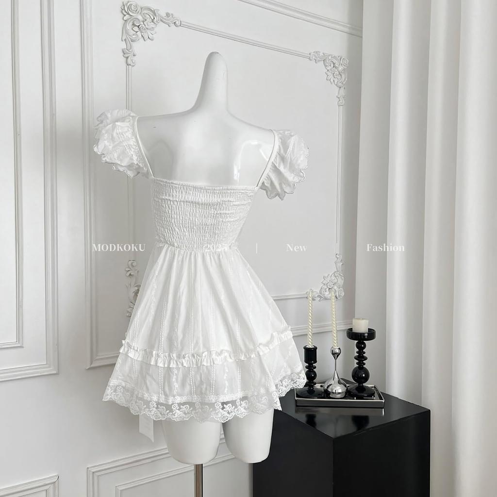 Mori Girl Dress for Flutter French Korean Clean and Summer Clothing [MODKOKU] Women, Sleeves, Girly, Elegant, Feminine, Style, Ribbon, Lace, Frills,