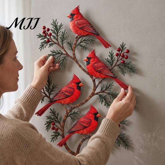 Unique Outdoor Yard Decorations Metal Bird Wall Decor, Red & Chickadee Sculpture with Branches and Gifts for Garden Lovers Berries, 2D Iron