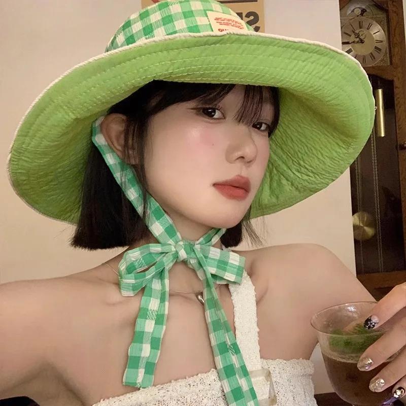Korean Checkered Strap Fisherman'S Hat featuring A Large Brim designed for Summer A Small Sun-Protective Hat That Can Be Worn On Both Sides