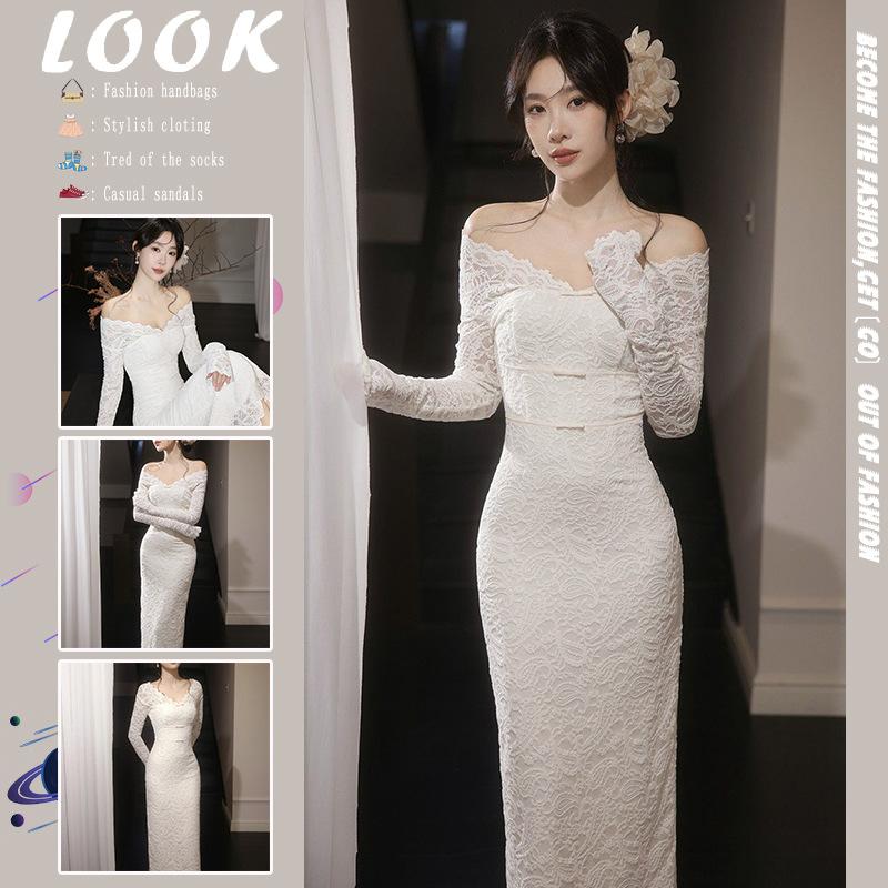 Royal sister, unique and beautiful lace, one-word shoulder slim fit, hip-wrapped long dress, high-end niche non-collision dress, winter