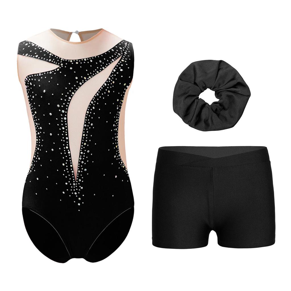 Kids Sparkly Rhinestone Embellished Sheer Mesh Leotard Paired with V Front Shorts and Headpiece for Dance