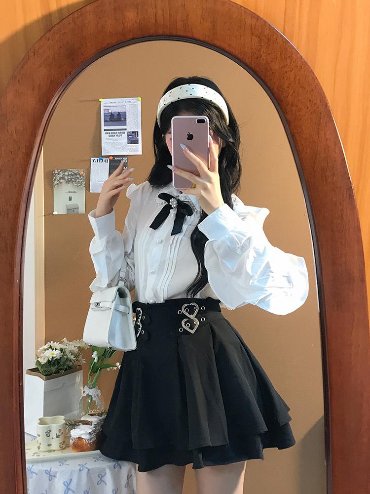 2026 Autumn Japanese-Style Ruffle Shirt & Cake Mini Skirt Set