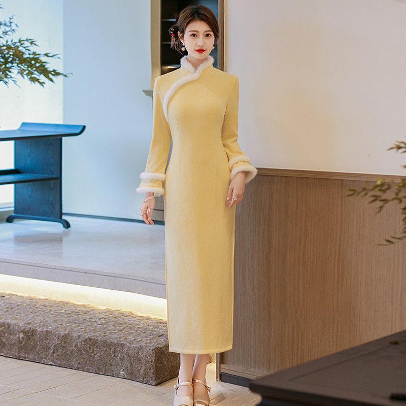 Yellow velvet winter clothing national style new Chinese long-sleeved improved cheongsam winter thick women s high-end young style S