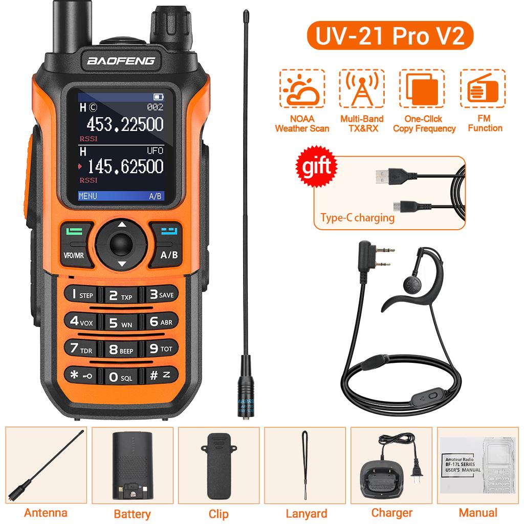 Baofeng UV-21 Pro Walkie Talkie Long Range Air Band Wireless Copy Frequency VHF UHF Type-C Rechargeable Upgrade UV-5R Ham Radio