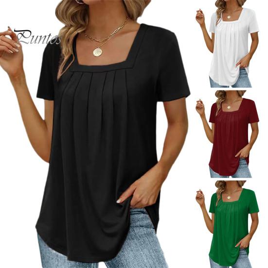 Summer Casual T-shirt Square Collar Short Sleeve Pleated Tee Shirt Solid Color Loose Fit A-Line Home Date Office Tops