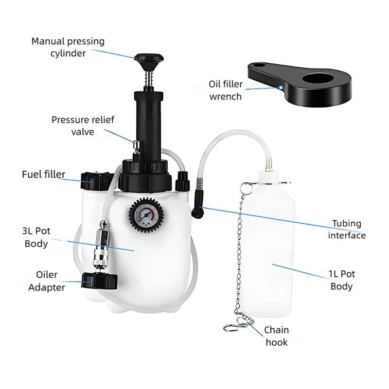 4 Port Manual Brake Fluid Changer with Waste Oil Pot Adapter Wrench 3L Automotive Brake Oil Replacement Tool Pressure Pumping