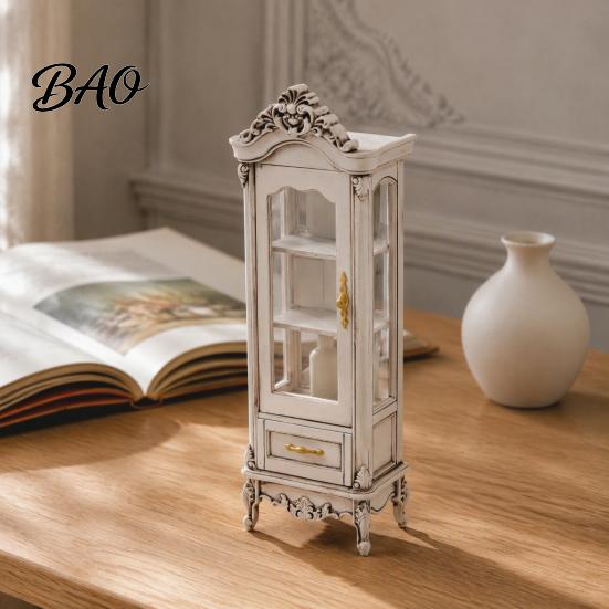 Detailed Miniature Furniture Curio Cabinet, 1/12 Scale Mini Wine Wooden Tiny Display Cabinet with Drawer, Vintage for Doll Mansion Living Room Decor,