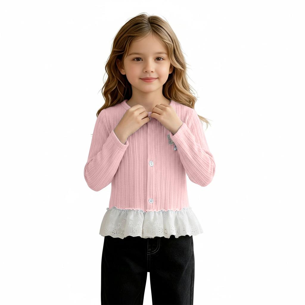 Girls Casual Long Sleeve Butterfly Design Cardigan with Lace Hem for Daily Wear