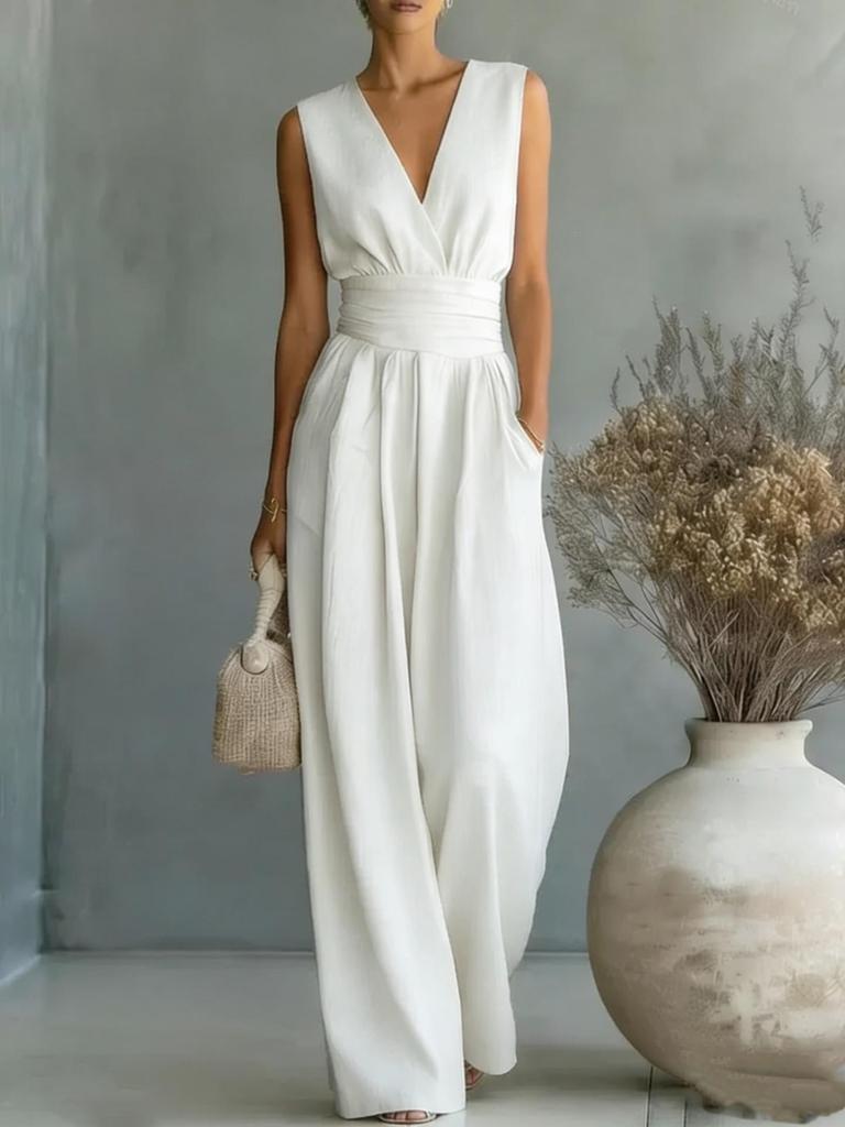 2026 European & American Spring/Summer Elegant Waist-Cinching V-Neck Women's Jumpsuit