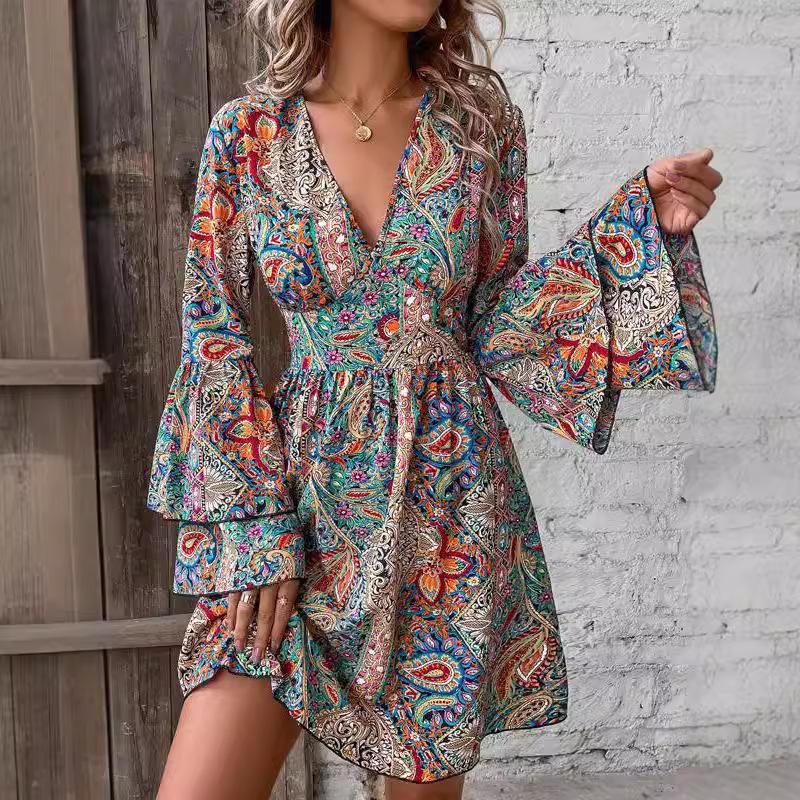 Abiti stampati in stile bohémien per donna, alla moda, maniche a campana, scollo a V, eleganti, da donna, a trapezio, primaverili ed estivi, casual, da spiaggia