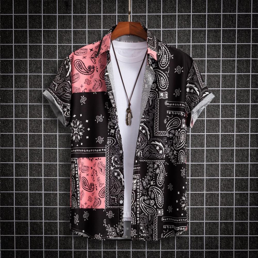 2025 Hawaiian Shirt Men's Fashion Floral Geometric Print Blouse Single-breasted Beach Short-sleeved Blouse Men's Vacation Clothing
