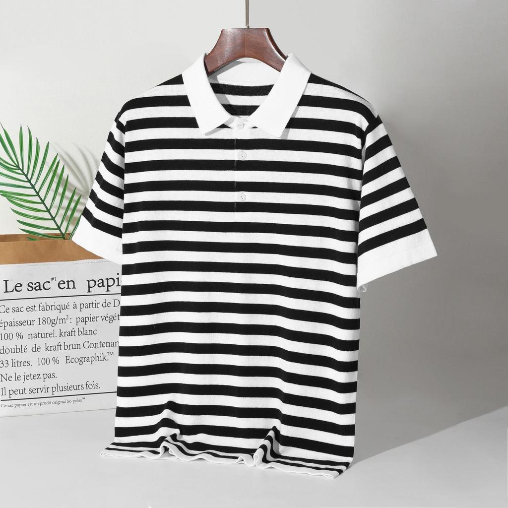 Vintage Black and White Striped Short Sleeve Polo Shirt