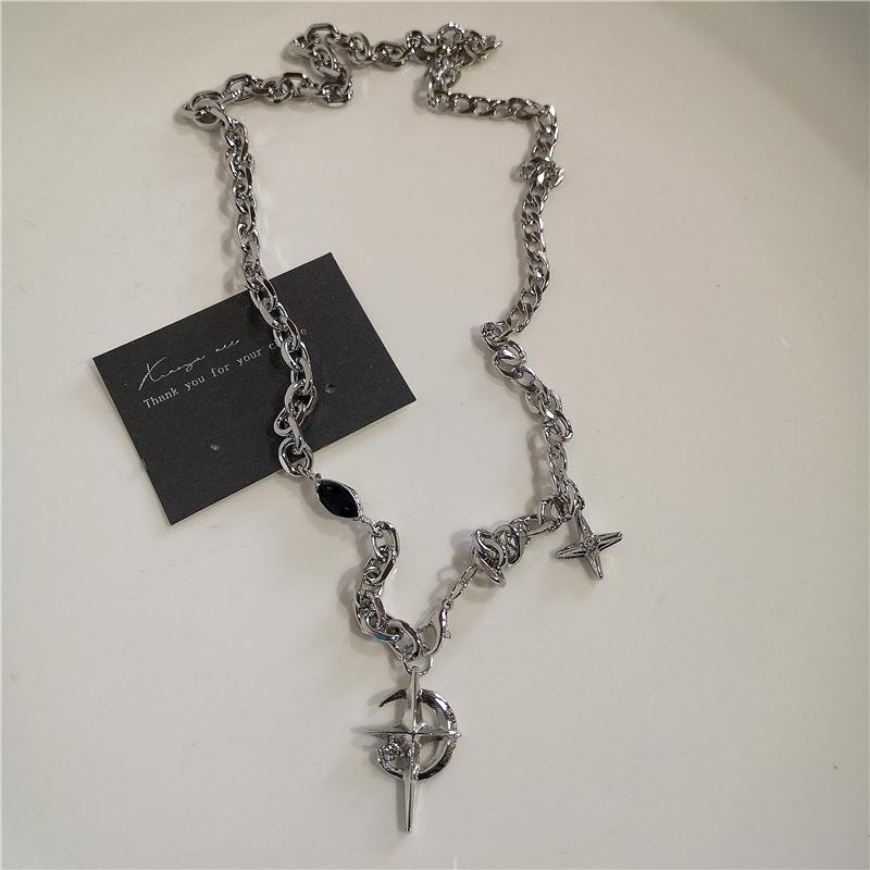 Punk Rock Black Heart Cross Pendant Chain Necklace For Men Women Cool Hip Hop Street Vintage 90s Y2K Grunge Goth Accessories