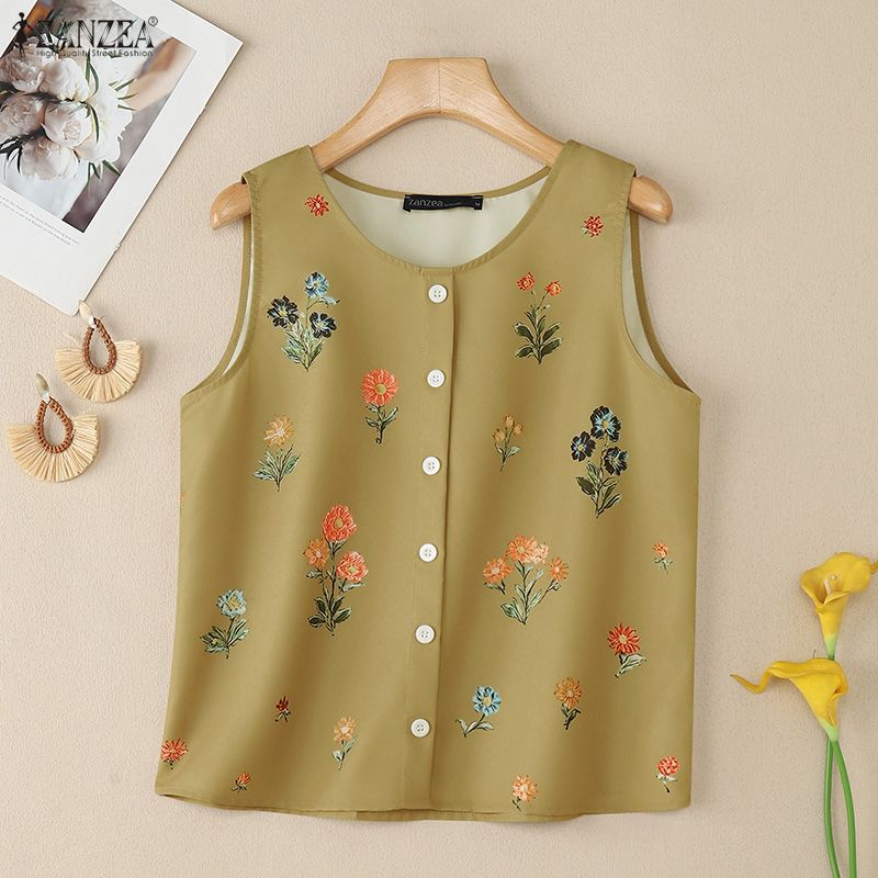 ZANZEA Women Floral Print Summer Casual Round Neck Sleeveless Tank Tops