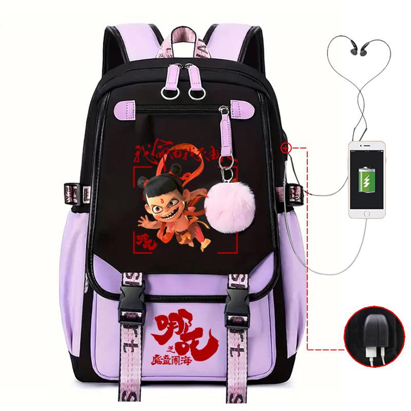 Cartoon Movie Nezha Printing Leisure Burden Reduction Travel Bag Backpack Multi-Function Large Capacity Usb Student Schoolbag
