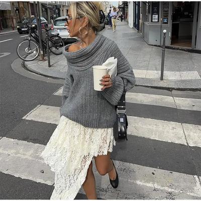 Elegant Solid Slash Neck Thick Knitted Boat Neck Tops Women Casual Long Sleeve Loose Warm Pullover Jumpers Female Fashion High Street Sweater Knitwear