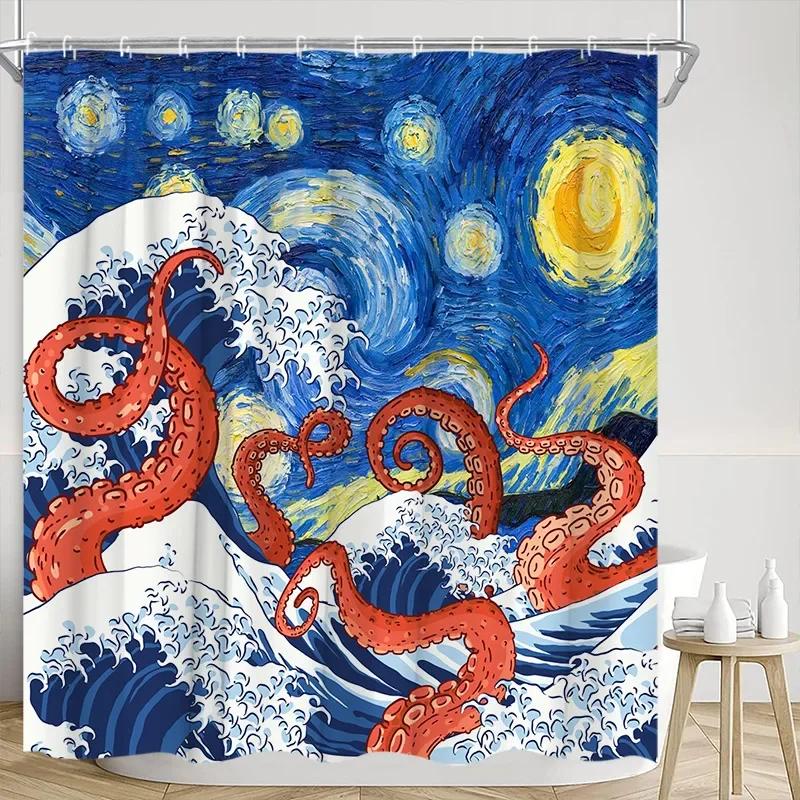Vintage Nautical Shower Curtain Lighthouse Ship Anchor Octopus Starry Sailboat Adventure Polyester Fabric Bathroom Decor Curtain