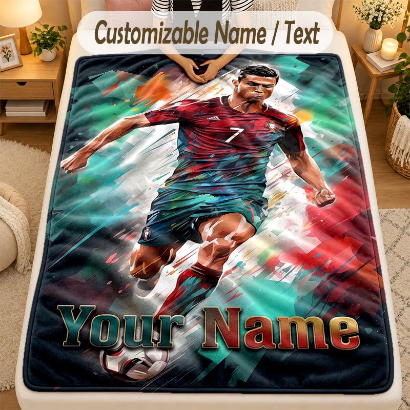 Flannel BlanketCristiano Ronaldo Custom Name Text Personalized Soft Warm Throw Blanket Home Decor Gift