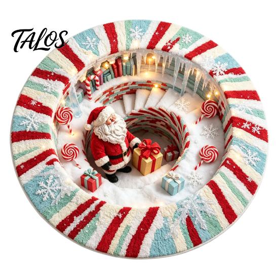 Wintervakantie Vloerbedekking 3D Optische Illusie Rond Kerstkleed, Schattige Kerstman Kristalfluweel Mat, Vloerkleed Levendig Gedrukt Rond