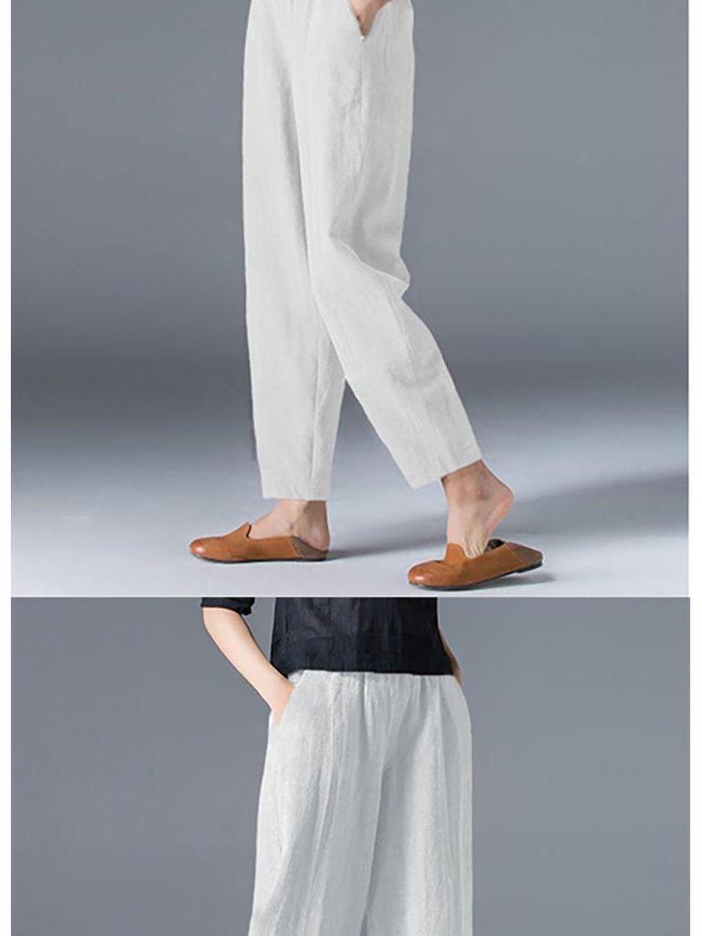 Damen Frühlings-Baumwoll-Leinen High Waist Schlankmachende Haremshose - Locker, Vielseitig, Große Größen Cropped Karottenstil
