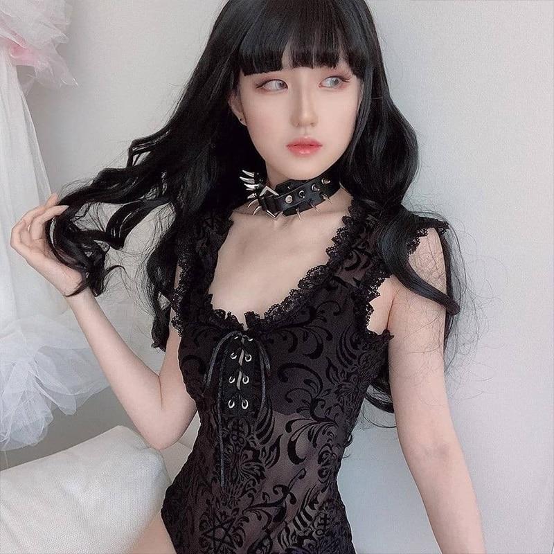 Gothic Bodysuit With Ruffled Lace And Corseting Onesies