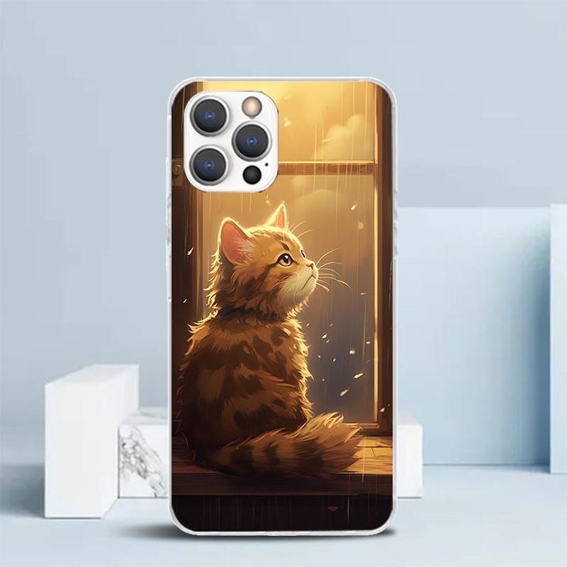 Anime Cat Rain Animal Phone Case For IPhone 16 17 Air 16E 15 14 Plus 13 Mini 12 11 Pro Max 7 8 + SE 2020 Soft TPU Back Cover 16
