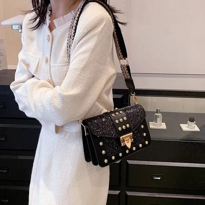 Fashionable Women's Crossbody Bag Rivet Patent Leather Wide Shoulder Bag Women's Trendy Sequins Small Square Crossbody Bag