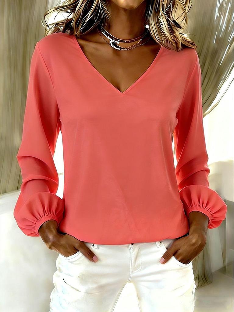 2026 Women's Casual Loose V-neck Solid Color Long Sleeve Fashion Pullover Top