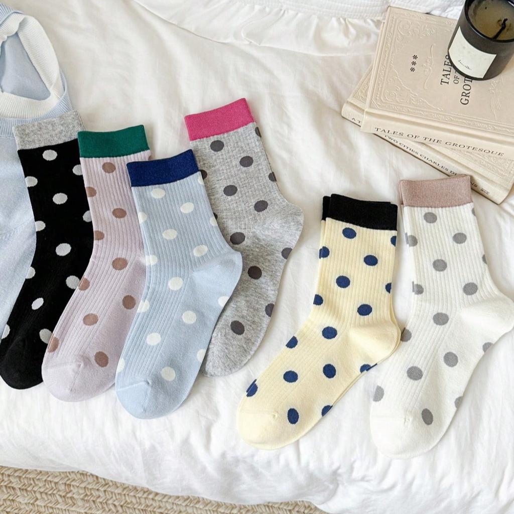 6 Pairs of Women'S Socks with Contrasting Colors, Polka Dots, in Candy Colors, Cute And Stylish, Mid-Calf Length, Korean Style