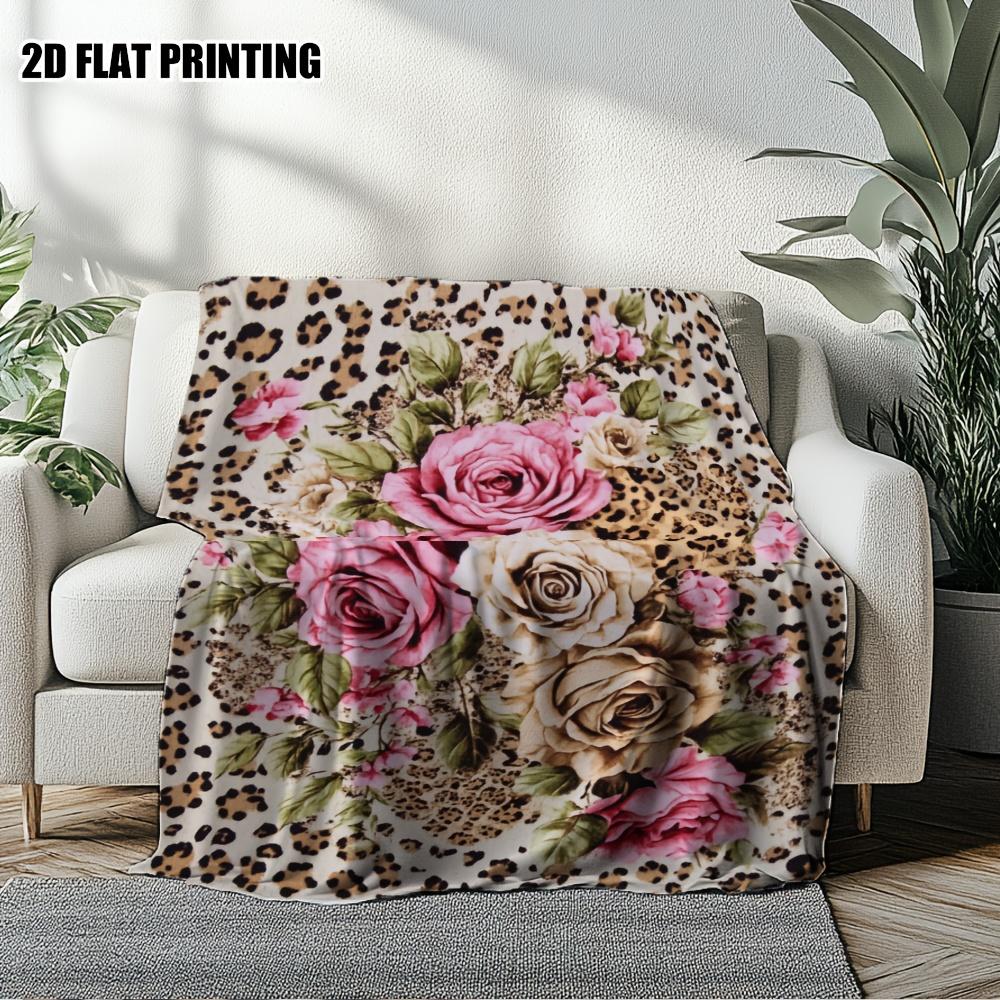 [1pc Wild Roses Leopard Blanket] 1pc Soft Polyester Wild Roses On Leopard Print Flannel Throw Blanket - All-Season Comfort