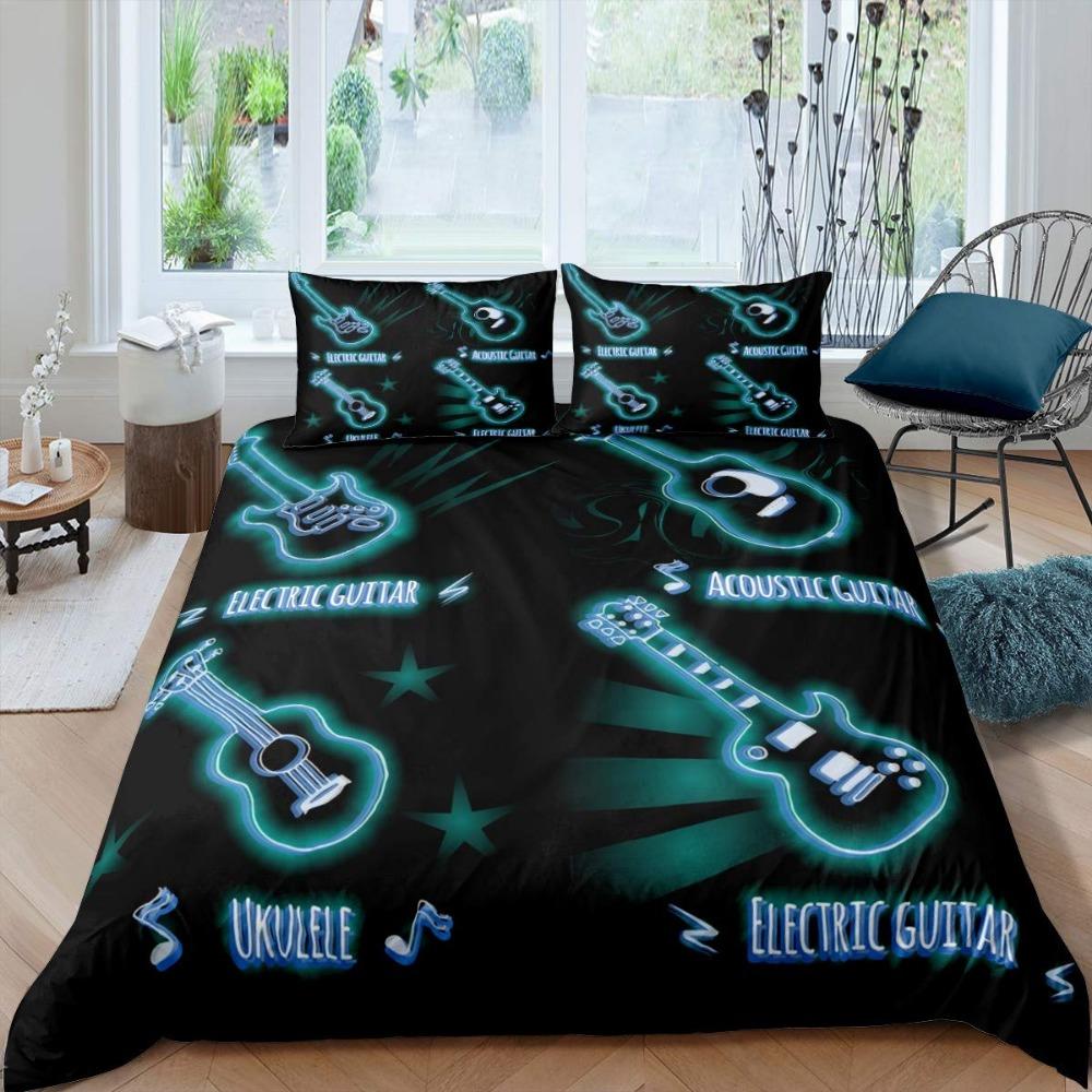 3D-gedrucktes Bettwäscheset mit Gitarrenmuster, Bettbezug und Kissenbezug, Dekoration für Kinder- und Jugendzimmer, Musiknote, Einzelbett, Doppelbett