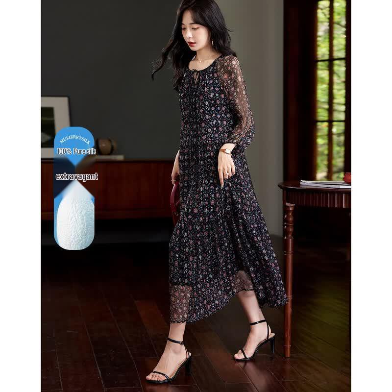 Gentle Floral Tie-Neck Mulberry Silk Dress M