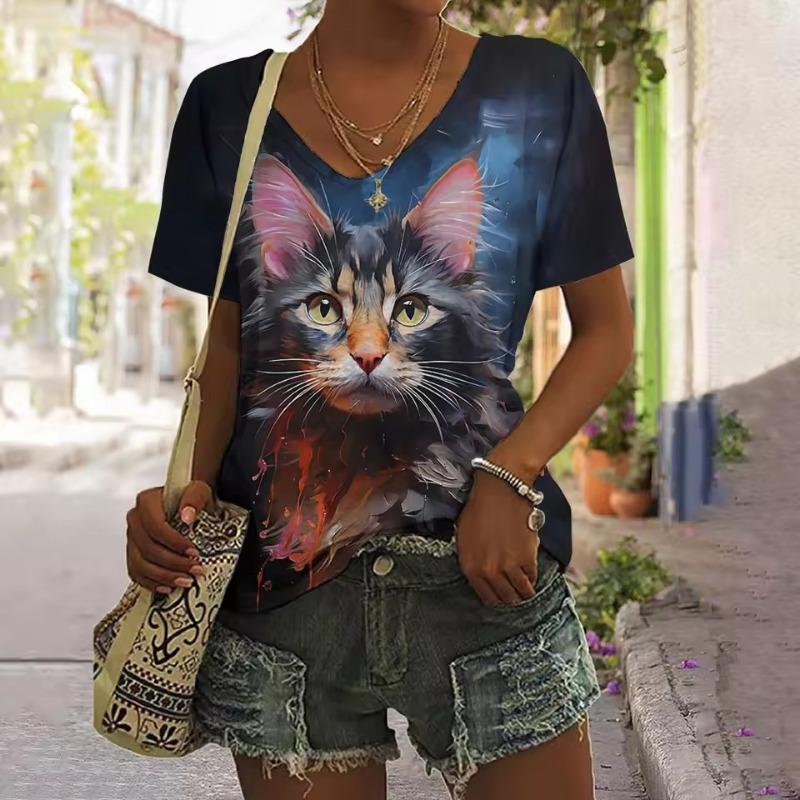 Sommer Damen T-Shirt Wut Katze Print Lässige Kurzarm 3D T-Shirts Streetwear Rundhals Pullover Übergroße weibliche Kleidung