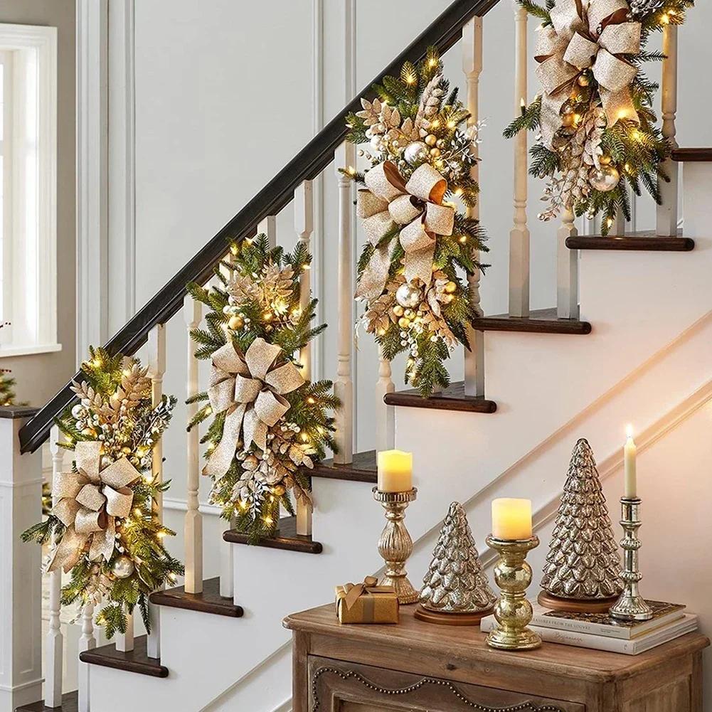 Cordless Pre Lit Christmas Stair Garland Decorations Festive Staircase Swag Trim for Holiday Home Decor