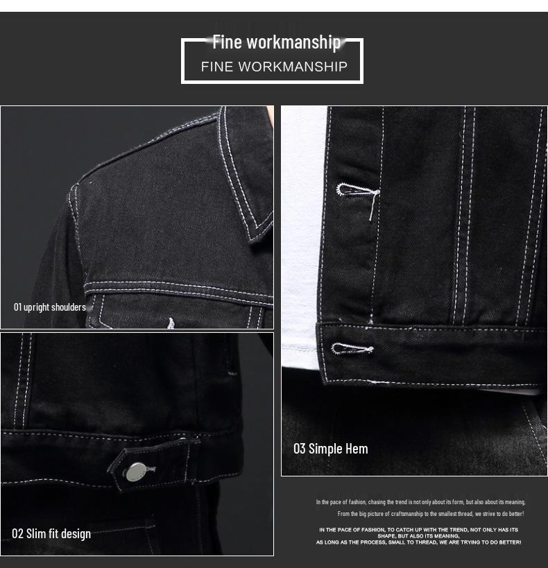 Men's Trendy Black Denim Jacket - Spring/Autumn Korean Hong Kong Style Wear-Resistant