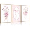 3Pcs Pink Nursery Flower Wall Art Floral Bow Wall Decor Cute Botanical Flower Pictures Coquette Aesthetic Poster Prints Girly Preppy Painting for