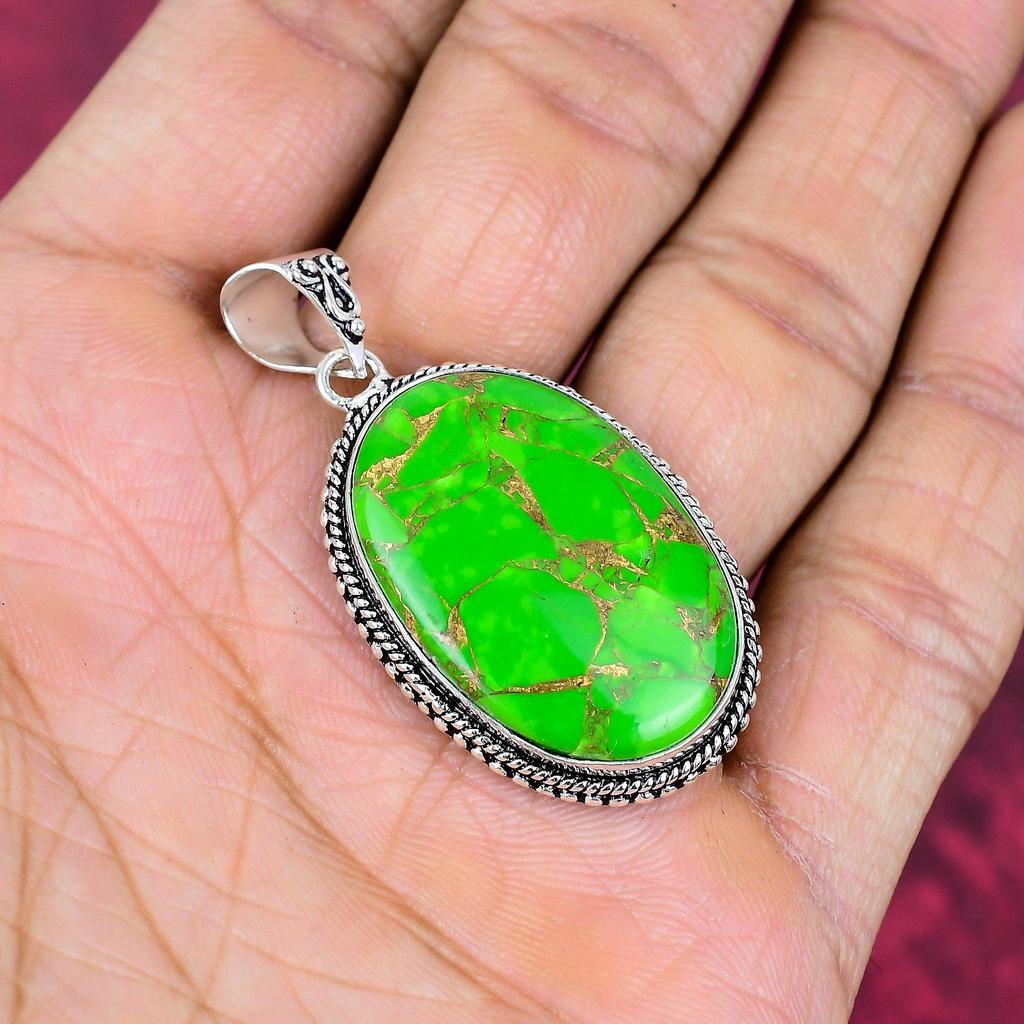 Grüner Türkisanhänger aus Kupfer, 925er Sterlingsilberschmuck, Edelsteinanhänger, Geschenk für sie, handgefertigter zierlicher Schmuck