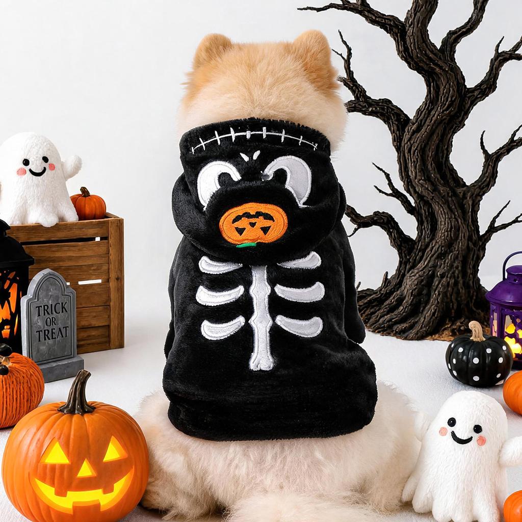 Halloween Pet Hoodie Fleece Dog Sweater Pumpkin Skeleton Cat Costume Warm Plush Coat for Small Medium Dogs Cats Puppy Winter